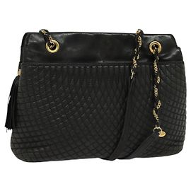 BALLY Borsa a Spalla con Catena Pelle Nera Oro Auth 131560