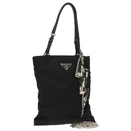 Borsa a spalla con catena Prada in nylon nero e argento autentica 100262AV