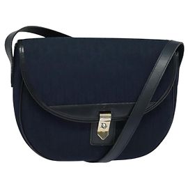 Borsa a Spalla in Tela Trotter Christian Dior Blu Navy Oro Auth gh485
