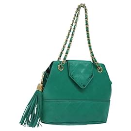 CHANEL Chain Hand Bag Lamb Skin Green Gold CC Auth gh309