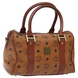 Borsa Boston MCM Logogram Vicetos in pelle PVC marrone e oro Auth bs27984