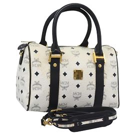 MCM Vicetos Logogram Borsa a Mano PVC Pelle 2in1 Bianco Oro Auth 115026
