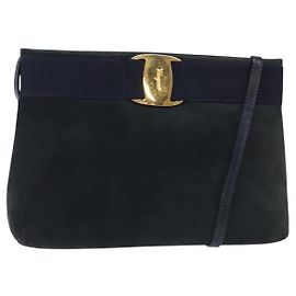 Borsa a Spalla Vala in Camoscio Blu Navy e Oro di Salvatore Ferragamo Auth bs27829