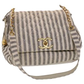 CHANEL Borsa a Spalla Matelassé Tela Azzurro Chiaro Bianco CC Auth 48071AV
