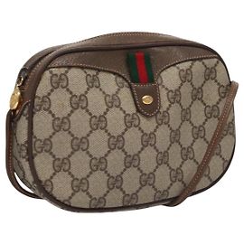 Borsa a Spalla GUCCI GG Supreme Web Sherry Line PVC Beige Marrone Argento Auth BA103