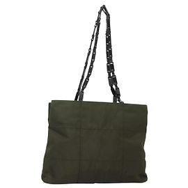 PRADA Schultertasche Nylon Khaki Silber Authentisch bs24325