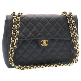 CHANEL Grande Borsa Matelassé 34 con Catena in Pelle Caviar Nera Oro CC Auth 25984SA