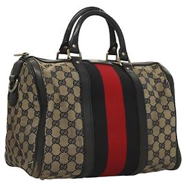 Bolsa Boston Sherry Line em lona GG da GUCCI Navy Vermelho 247205 Auth gh440