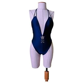 Alessandra Rich Lurex Halter Badeanzug Navy Blau