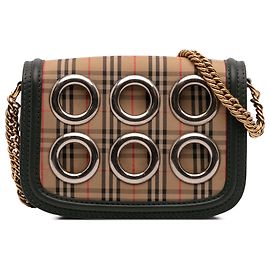 Burberry Beige 1983 Knight Check Canvas and Smooth Calfskin Grommet Chain Crossbody