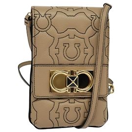 Borsa a Spalla Gancini in Pelle Beige Oro Auth 131785 di Salvatore Ferragamo