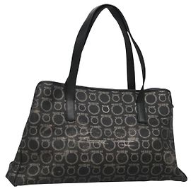 Borsa Tote Gancini in tela PVC nera e argento autentica BA3713 di Salvatore Ferragamo