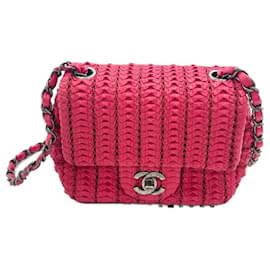 Chanel Flap Mini Bolso Cuadrado Crochet Cuero de Cordero Rojo