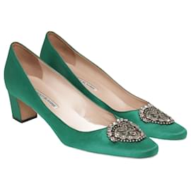 Pumps con tacco a blocco impreziositi da cristalli Okkato verde smeraldo - Manolo Blahnik