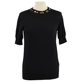 Top in maglia nera a maniche corte con decorazioni in cristallo Lanvin