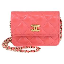 Mini portafoglio trapuntato a catena rosa albicocca di Chanel