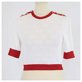 Top detallado de malla jacquard GG marfil/rojo con botones de Gucci