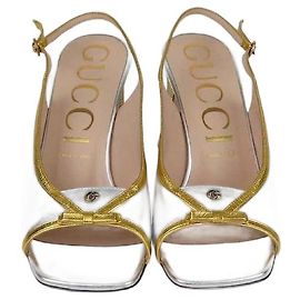 Sandali con tacco Alison in argento/oro di Gucci