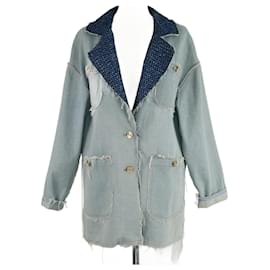 Jacke aus blauem Denim und Tweed mit Kragen und Taschen von Chanel