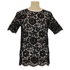 Camiseta de manga corta de encaje negro/blanco Valentino
