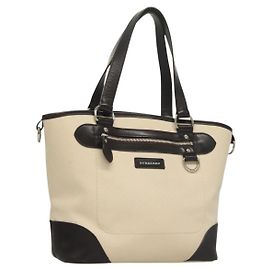 Borsa Tote Burberry in tela e pelle bianca argento Auth bs28323