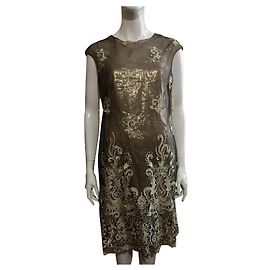 Marchesa Besticktes Spitzen- und Brokatkleid in Gold und Schwarz