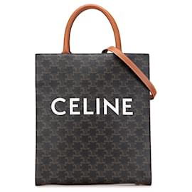Borsa tote verticale piccola in tela rivestita Triomphe marrone di Celine - Céline