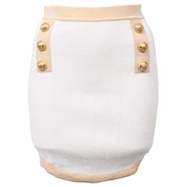 Falda Mini de Punto Embellecida con Botones Balmain en Viscosa Blanca