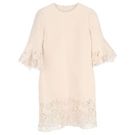 Vestido midi de seda crema con paneles de encaje guipur Valentino Garavani