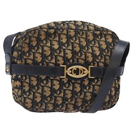 Borsa a Spalla in Tela Trotter Christian Dior Blu Navy Oro Auth mr1464