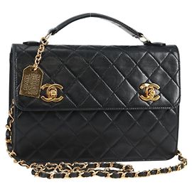 CHANEL Sac à épaule Matelassé en Cuir d'Agneau 2 en 1 Noir Or CC Auth 129737SV