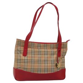 Borsa Tote Nova Check Burberry in Tela Beige Rossa Oro Auth 132521