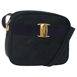 Bolso de Hombro Vala de Ante Azul Marino y Oro Auth BA4188 de Salvatore Ferragamo