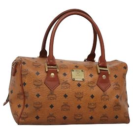 Borsa Boston MCM Logogram Vicetos in pelle PVC marrone e oro Auth BA4039
