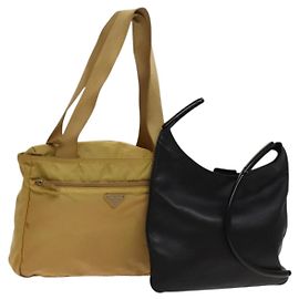 PRADA Borsa a Mano Pelle Nylon 2Set Nero Beige Argento Auth bs28219