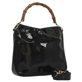 Borsa a Mano GUCCI Bamboo Smalto 2in1 Nero Oro 001 1705 1638 Auth gh404