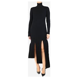 Bottega Veneta Schwarzes geripptes Midi-Kleid mit hohem Kragen - Größe S