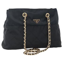 Bolso de Hombro con Cadena PRADA de Nailon Azul Marino Dorado Auth sw1307