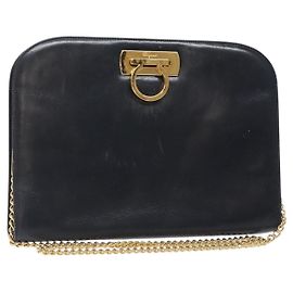 Borsa a spalla in pelle Gancini Chain di Salvatore Ferragamo, blu navy e oro, autentica 133024