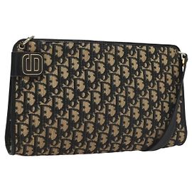 Borsa a Spalla in Tela Trotter Christian Dior Blu Navy Oro Auth 132631
