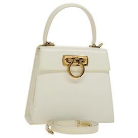 Bolso de mano de cuero Gancini Salvatore Ferragamo 2 en 1 Blanco Oro Auth 134575