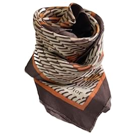 Foulard Christian Dior in seta marrone arancione beige