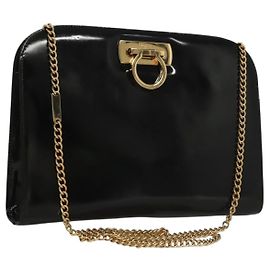 Borsa a Spalla Gancini Chain Salvatore Ferragamo Smalto Nero Argento Auth 135991