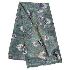 Sciarpa Liberty of London anni '90 stampata con piume di pavone in tonalità di verde e arancione