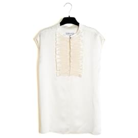 Chanel 2020 Top Seda FR40 Ecru blusa sin mangas de satén de seda UK12 US10