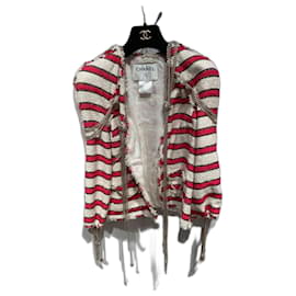 Chanel Jacke Rot Weiß mit Silbernen Ketten Größe 36