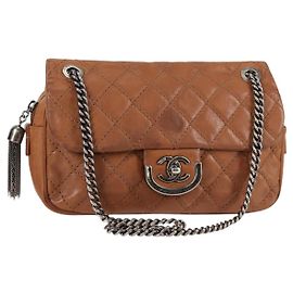 CHANEL Matelassé 25 Borsa a Spalla con Catena in Pelle Marrone Argento CC Autenticata 134215