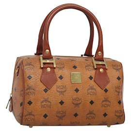 Borsa Boston MCM Logogram Vicetos in pelle PVC marrone e oro Auth am8857