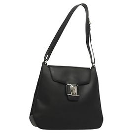 Borsa a Spalla Salvatore Ferragamo Vala Smalto Nero Oro Auth 135986