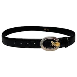 Schwarzer Ledergürtel mit Vintage Celine Paris Wagenlogo - Céline